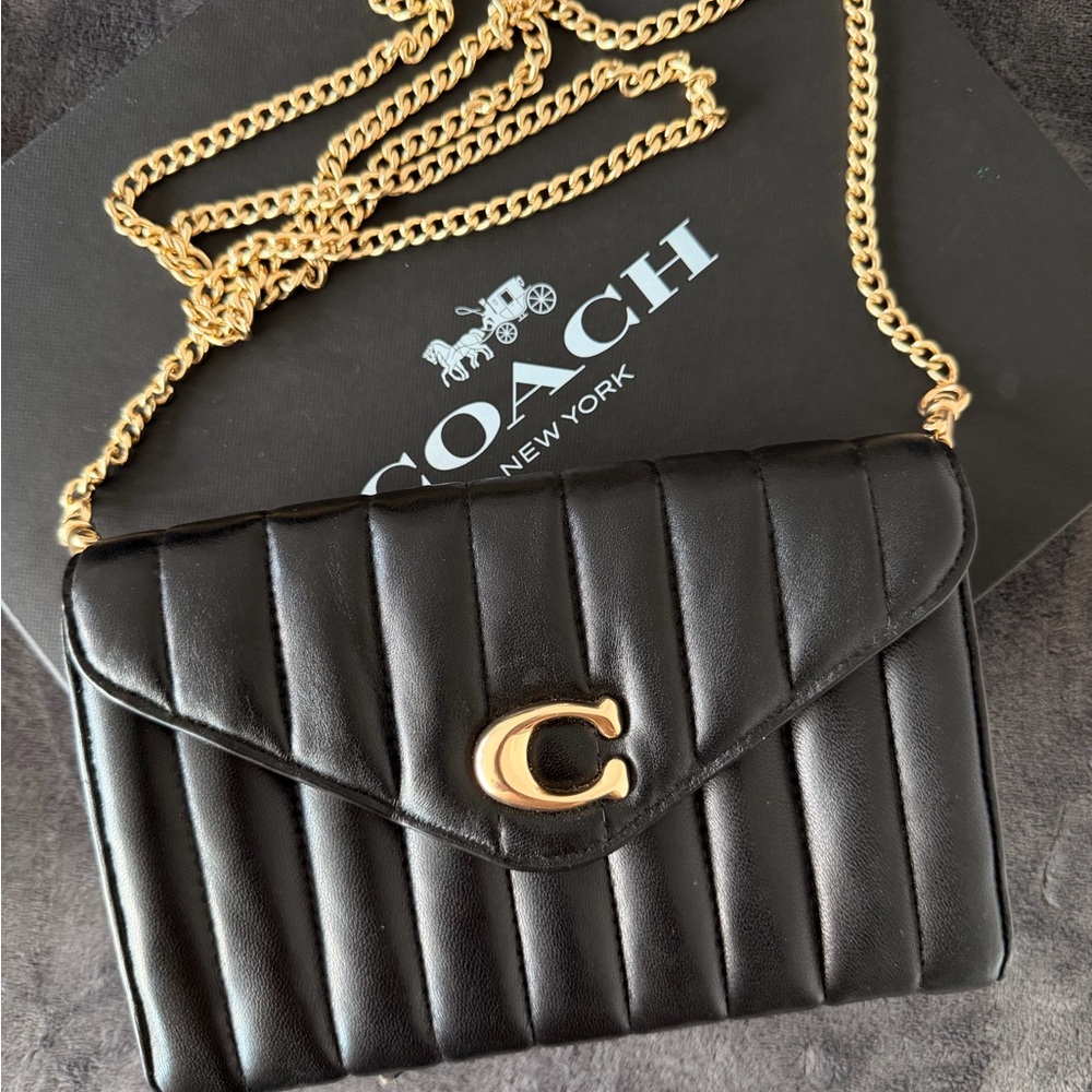 Coach Black Quilted Leather Crossbody with Gold Chain and 'C' Logo - Picture 2 of 6